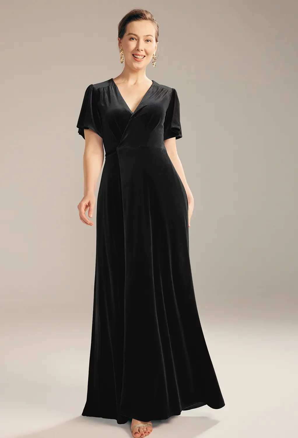 AW Conch Dress, Burnished Gold Velvet Floor Length V-Neck Mother of the Bride Dresses