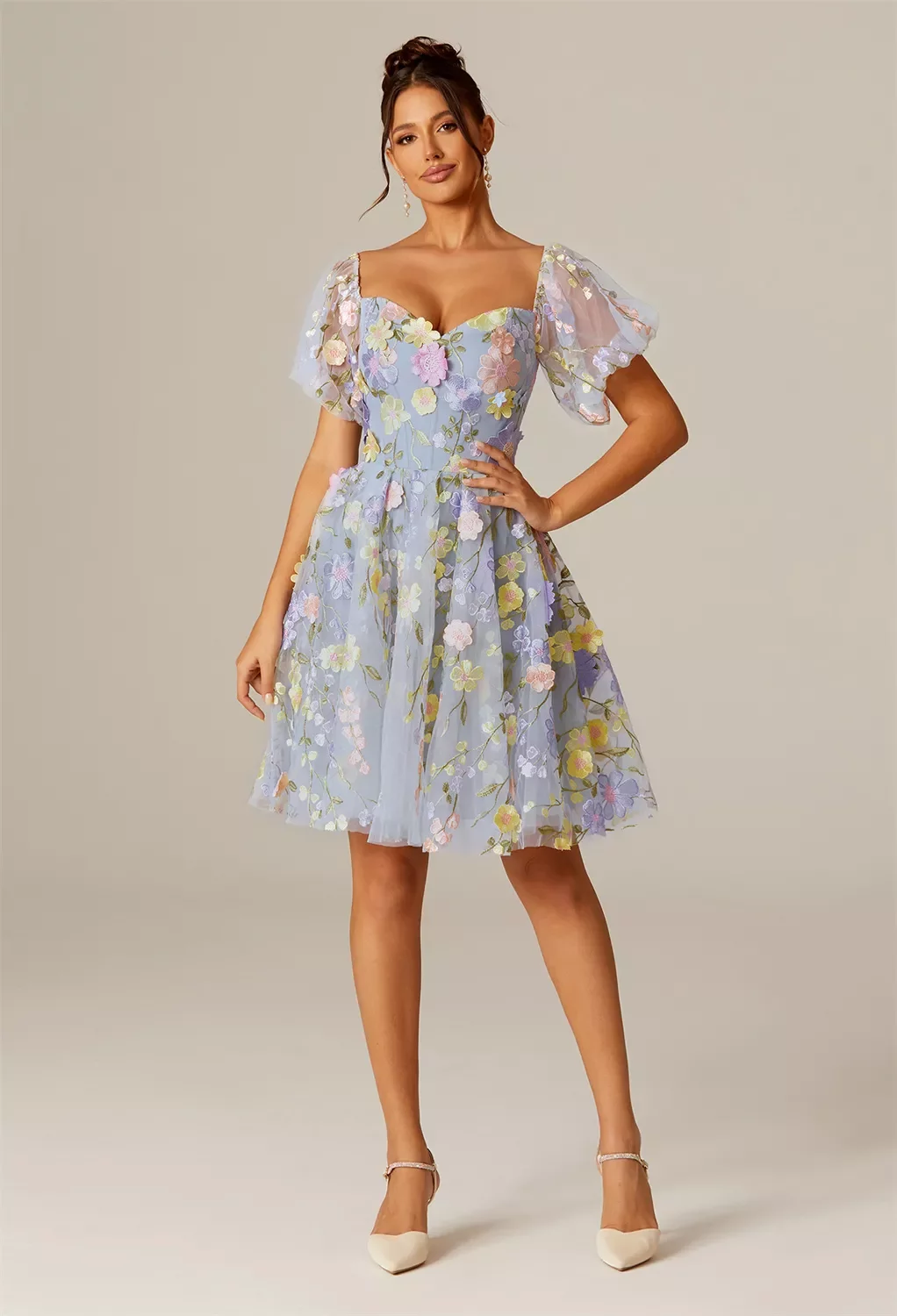 blue floral dress knee length Sweetheart Neckline Blue Floral Midi Dress - All Dresses