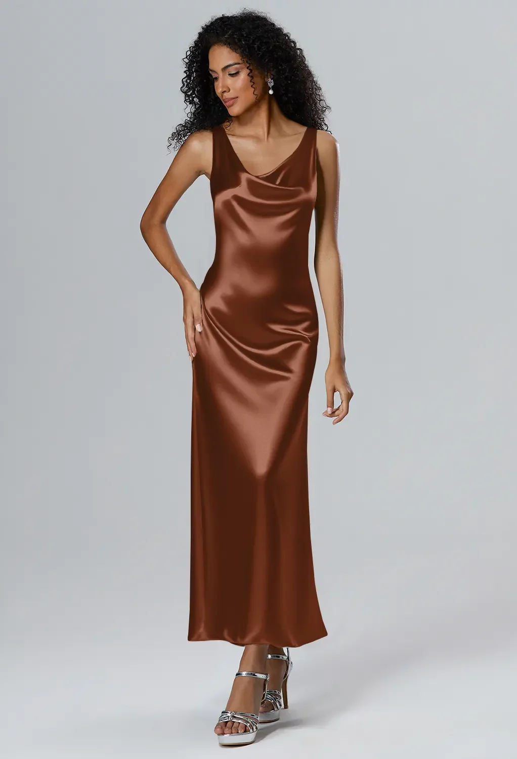 AW Ottilie Dress, Fennel Seed Crystal Satin Satin Charmeuse Stretch Satin Ankle Length Cowl Neckline Bridesmaid Dresses