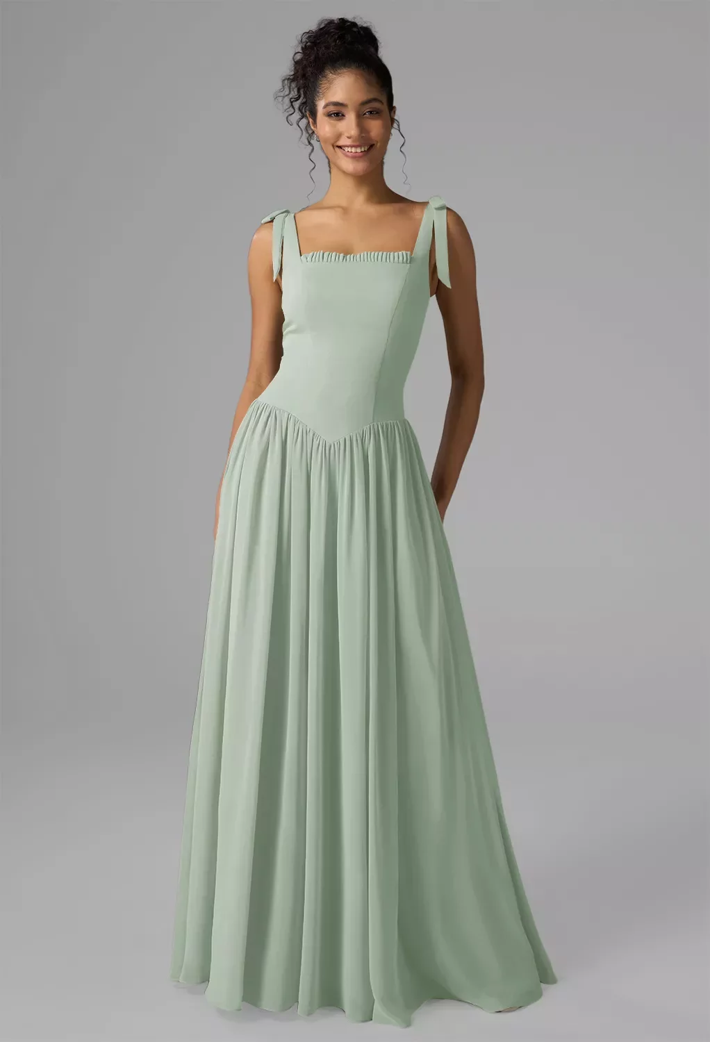 light green chiffon dress Light Green Lace Top A-Line Long Bridesmaid Dress – FancyVestido main image 0