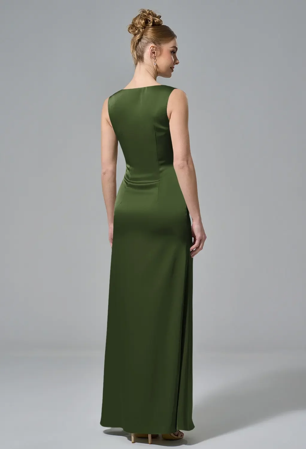 AW Ermengarde Dress, Green Olive Crystal Satin Satin Charmeuse Stretch Satin  Floor Length Bateau Neckline Bridesmaid Dresses | AW.Bridal Australia