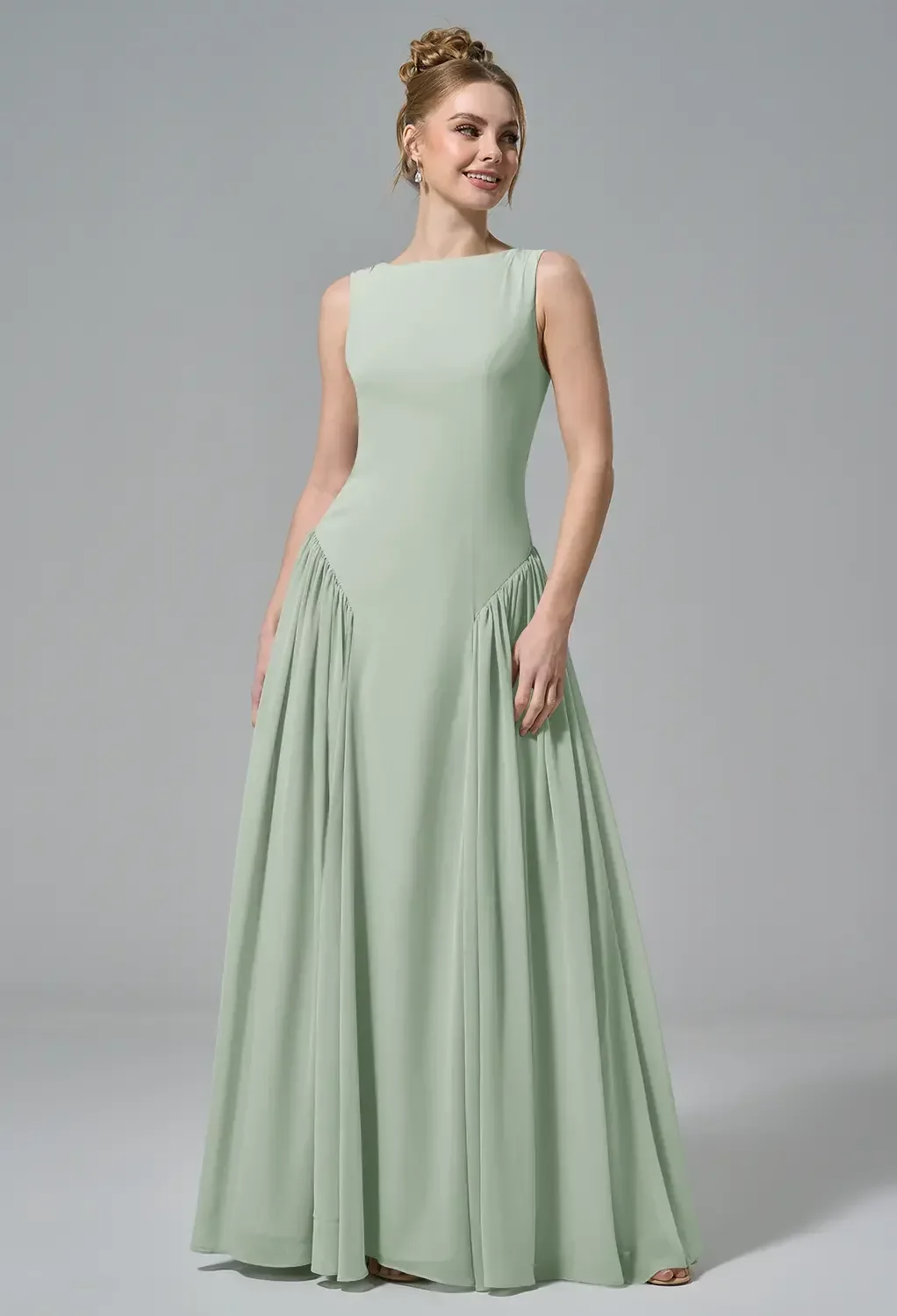 AW Claudine Dress, Sage Green Chiffon Floor Length Bateau Neckline Bridesmaid  Dresses | AW.Bridal Australia
