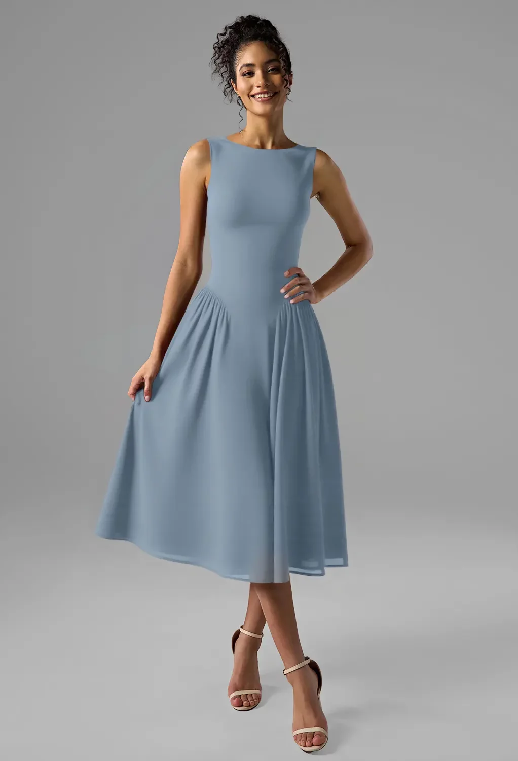 blue formal dresses knee length AW Ernestine Dress, Light Dusty Chiffon Bateau Neckline Bridesmaid Homecoming dress Color:M-Light Blue white dress Willy Leopard Velvet Mini diagonal premium class Length