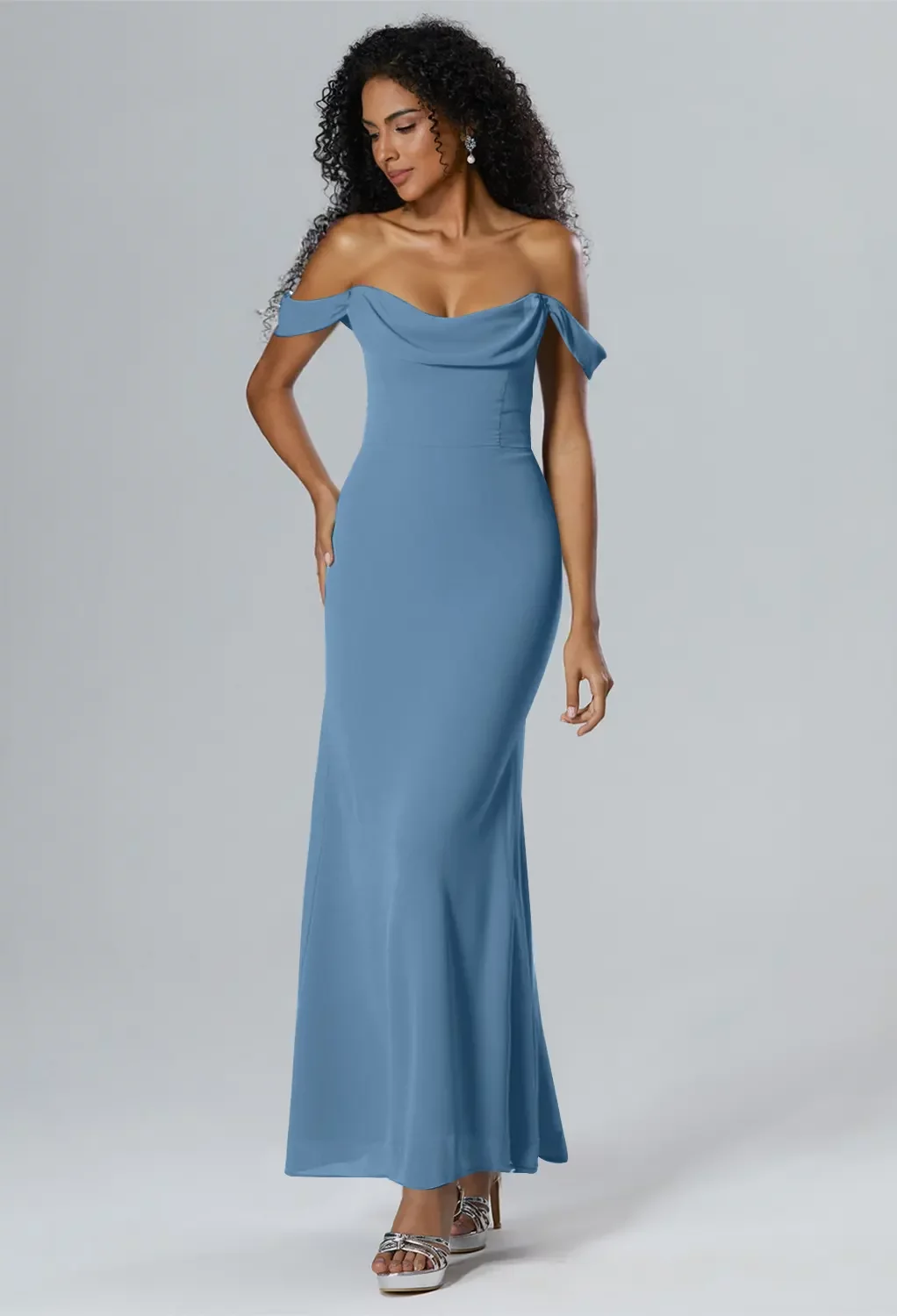 AW Zenobia Dress, Dusty Blue Chiffon Ankle Length Cowl Neckline Bridesmaid  Dresses | AW.Bridal Australia