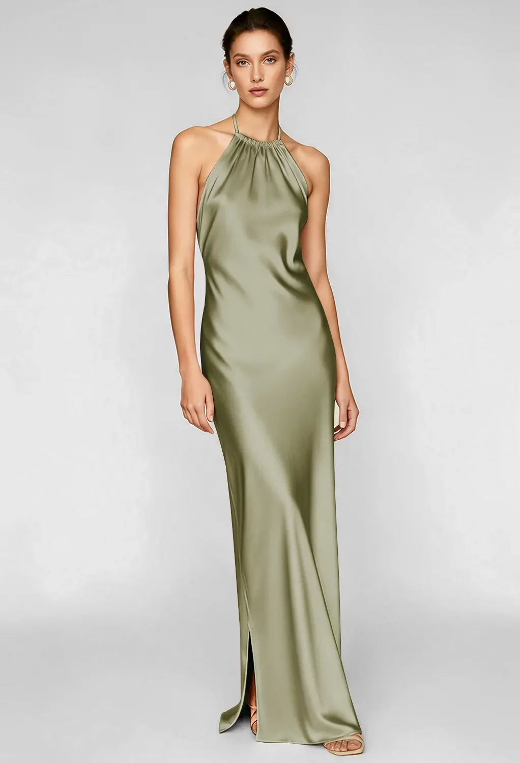 AW Latonia Dress, Fennel Seed Satin Charmeuse Stretch Satin Floor Length  Halter Neckline Bridesmaid Dresses | AW.Bridal Australia