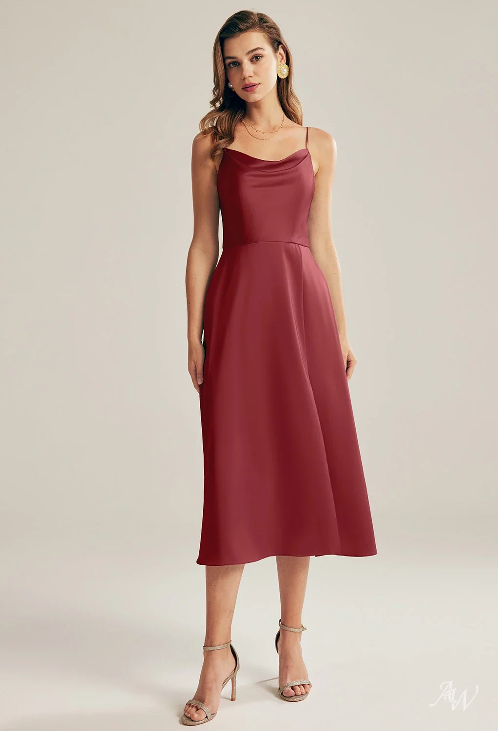 cowl neck tea-length satin a-line dress AW Renee Dress, Sage Green Charmeuse Tea Length Neckline Bridesmaid Dresses Color:Iridescent Fuchsia A-line V Neck Floor-Length Alie Silk Stain Silhouette