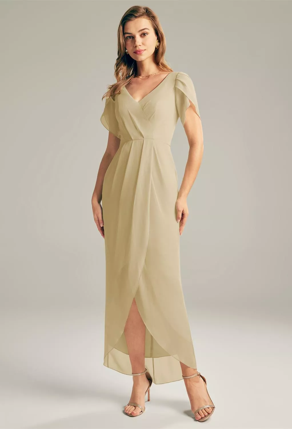 maternity bridesmaid dress champagne One-Shoulder Flutter Sleeve Maternity Dress