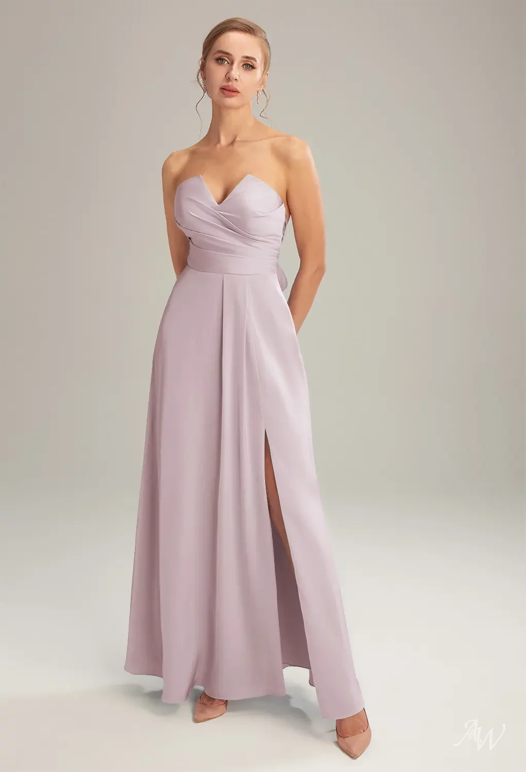 pink taupe bridesmaid dresses AW Pasque Dress, Crystal Satin Satin Charmeuse Floor Length V-Neck line skirt with a 1796 Cute Fish Drop Earrings Waist:34