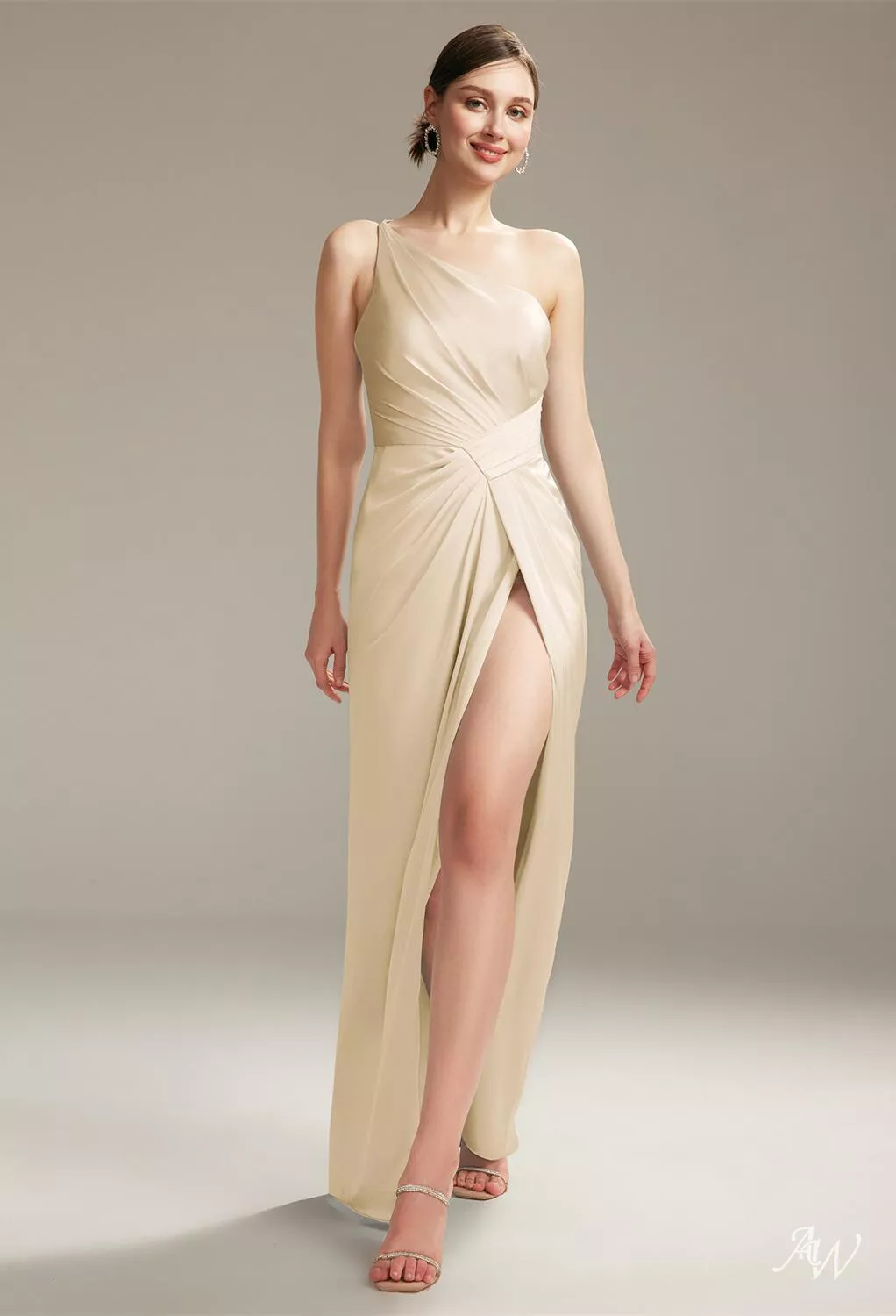 one shoulder champagne satin dress Azazie Latrice