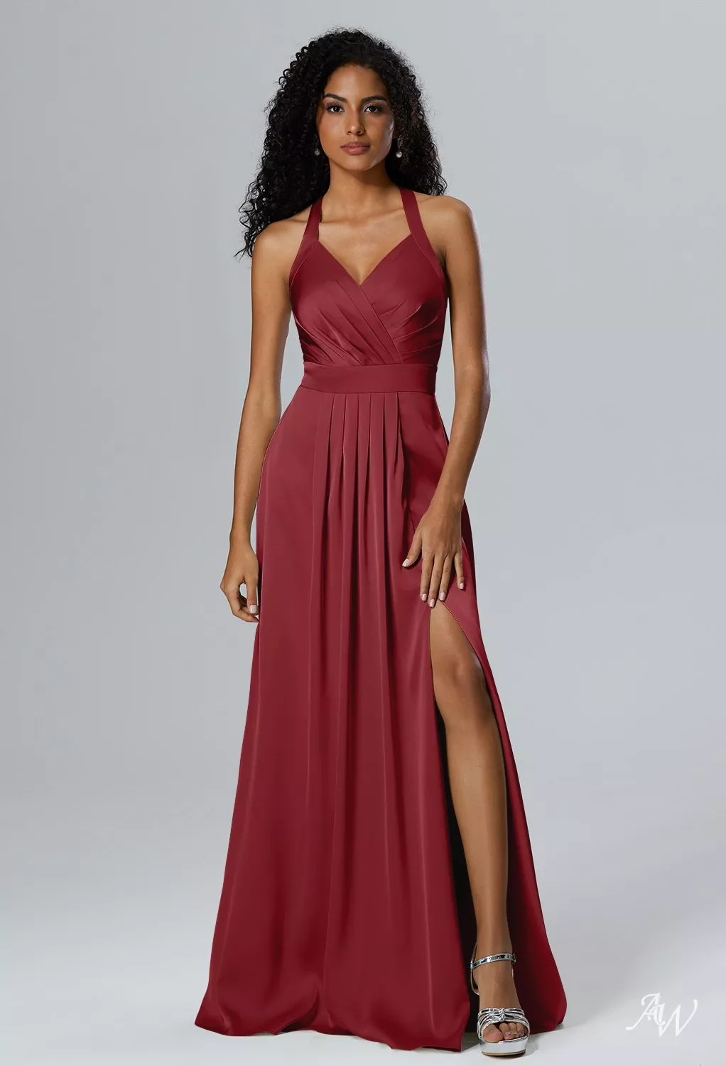 AW Theresa Dress, Dusty Blue Crystal Satin Satin Charmeuse Stretch Satin  Floor Length Halter Neckline Bridesmaid Dresses | AW.Bridal Australia