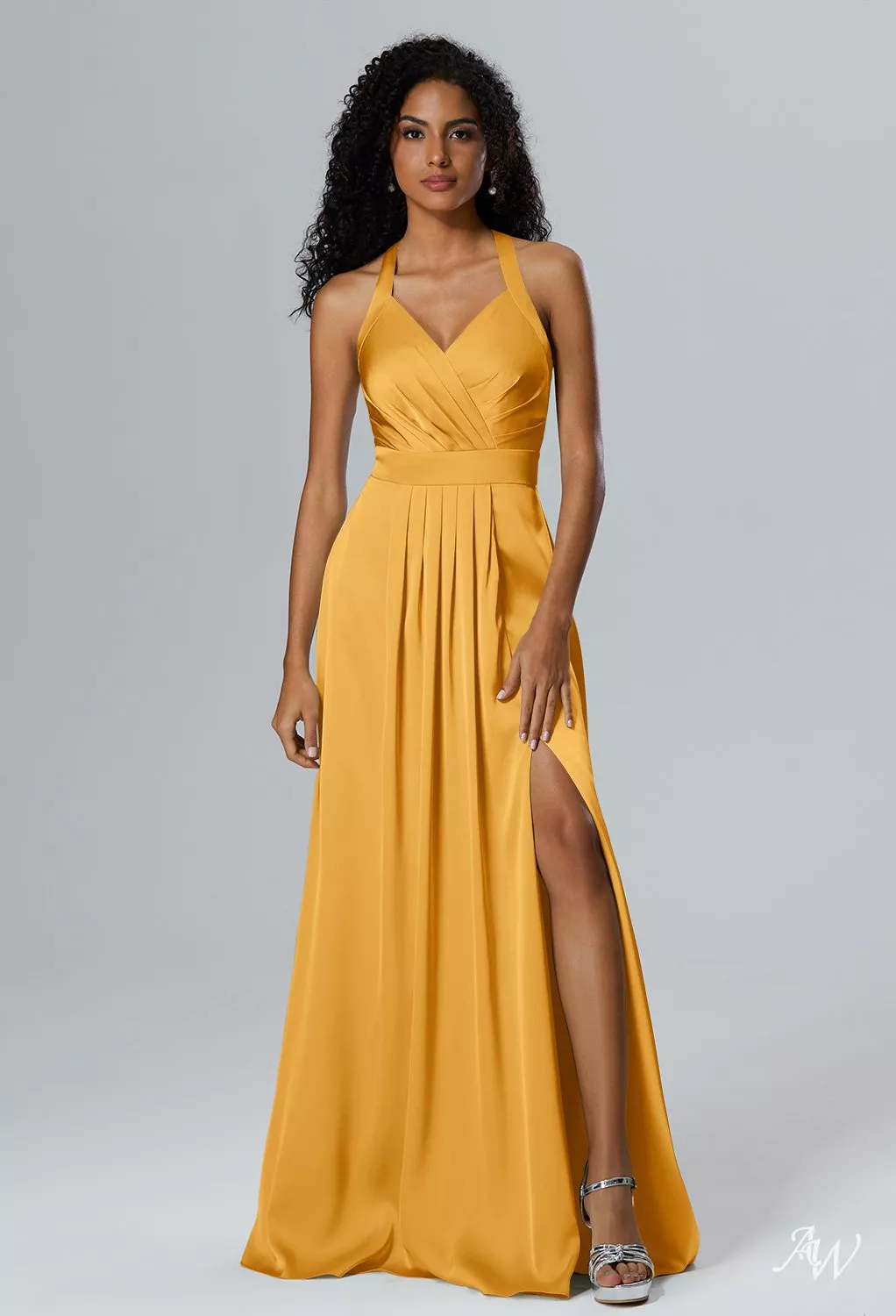 AW Theresa Dress, Dusty Blue Crystal Satin Satin Charmeuse Stretch Satin  Floor Length Halter Neckline Bridesmaid Dresses | AW.Bridal Australia