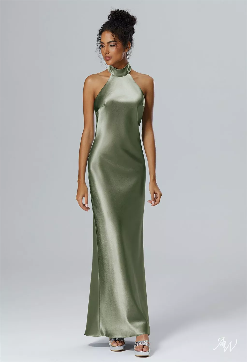AW Mugwort Dress, Green Olive Crystal Satin Satin Charmeuse Stretch Satin  Ankle Length Halter Neckline Bridesmaid Dresses | AW.Bridal Australia