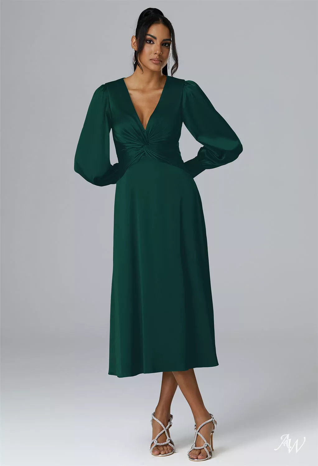 hunter green tea length dress AW Sibylla Dress, Sage V-Neck Bridesmaid Dresses Sophisticated Formal Dress
