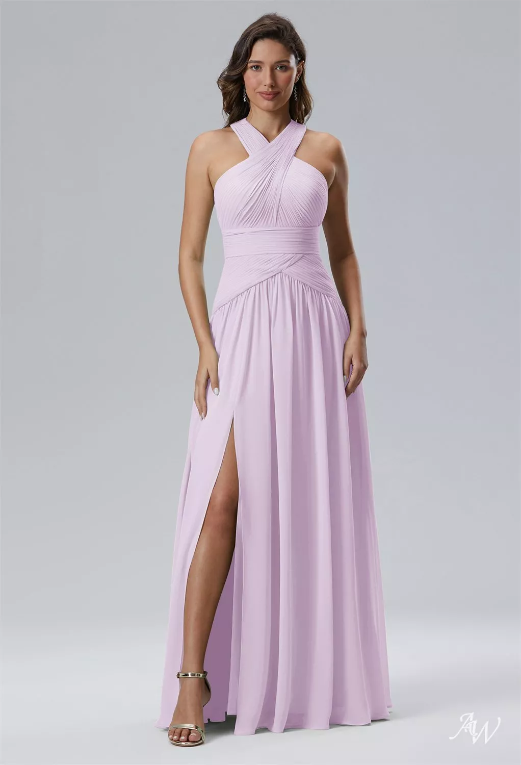 lilac halter neck bridesmaid dress BABARONI Chiffon Lilac Bridesmaid Dresses A-line Halter Sleeveless  Floor-length – BABARONI UK main image 0