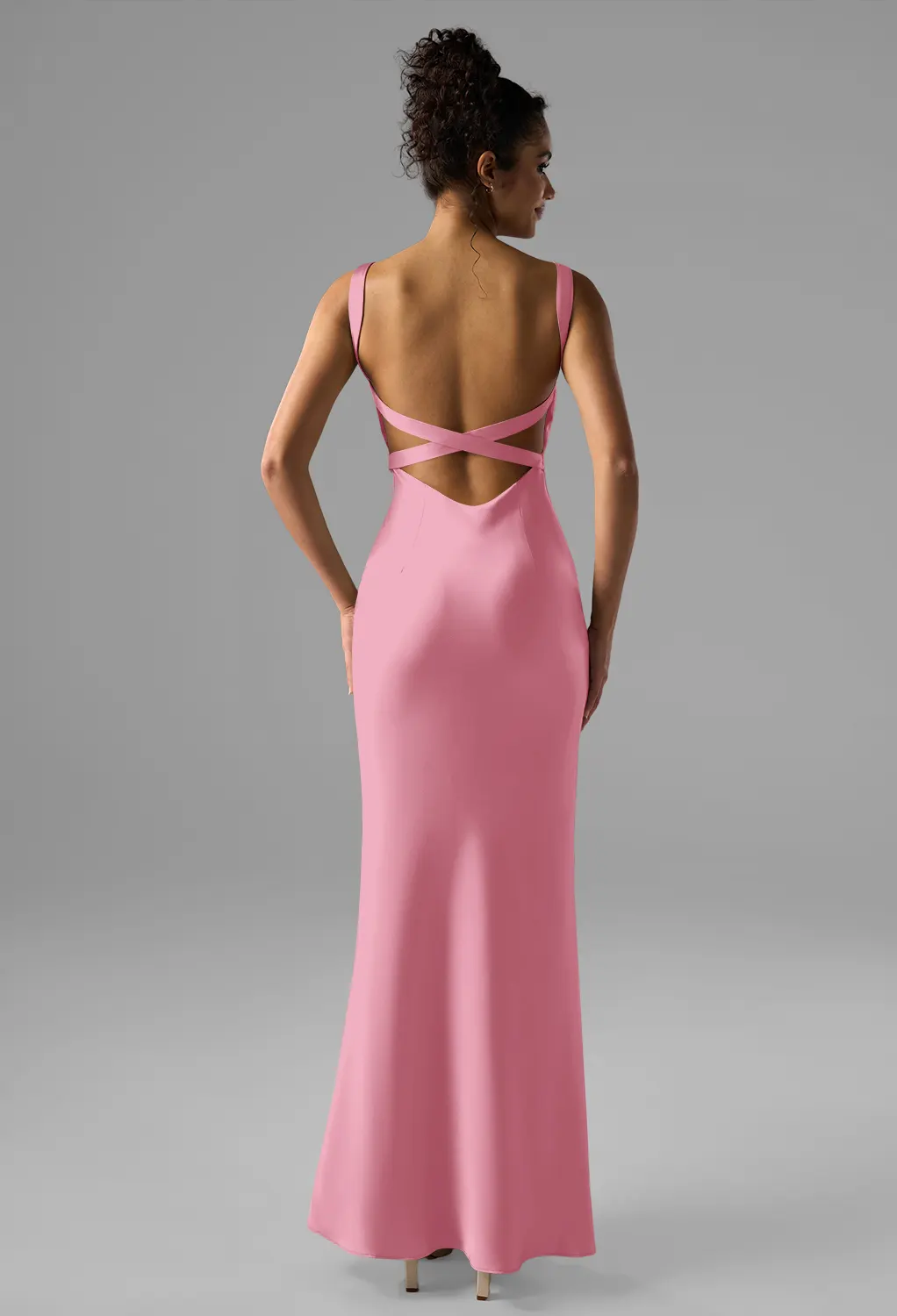 coral pink dress for wedding mermaid dress with open back Coral Pink Mermaid V Neck Satin Open Back Long  Prom Dresses With Bow Champagne / 8