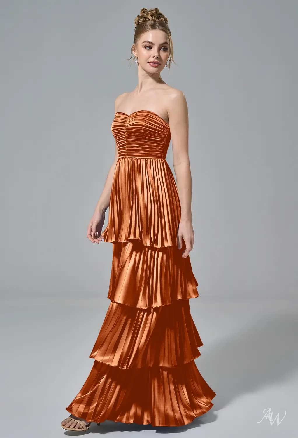 sunset orange bridesmaid dresses  BABARONI while the split adds a touch of sophistication AW Bryn Stretch Satin Sunset