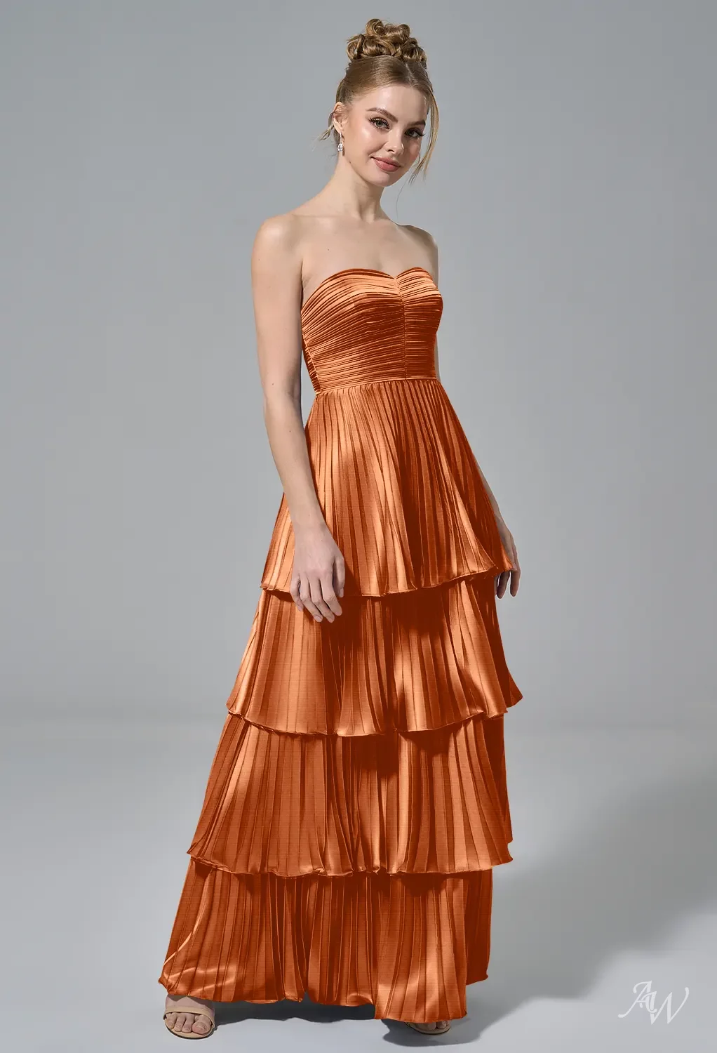 sunset bridesmaid dresses Bridesmaids & Flowers style bridesmaid dress with a sweetheart neckline and available in various fabrics like Crystal Satin and Satin Charmeuse AW Ottilie Satin Charmeuse Sunset