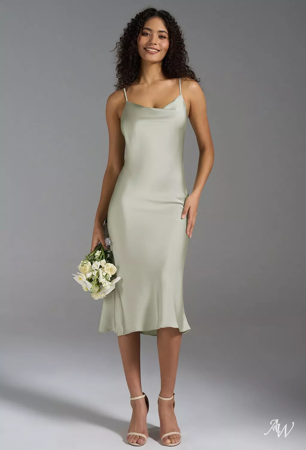 AW Alanna Dress, Oil Green Crystal Satin Satin Charmeuse Tea Length Cowl  Neckline Bridesmaid Dresses | AW.Bridal Australia
