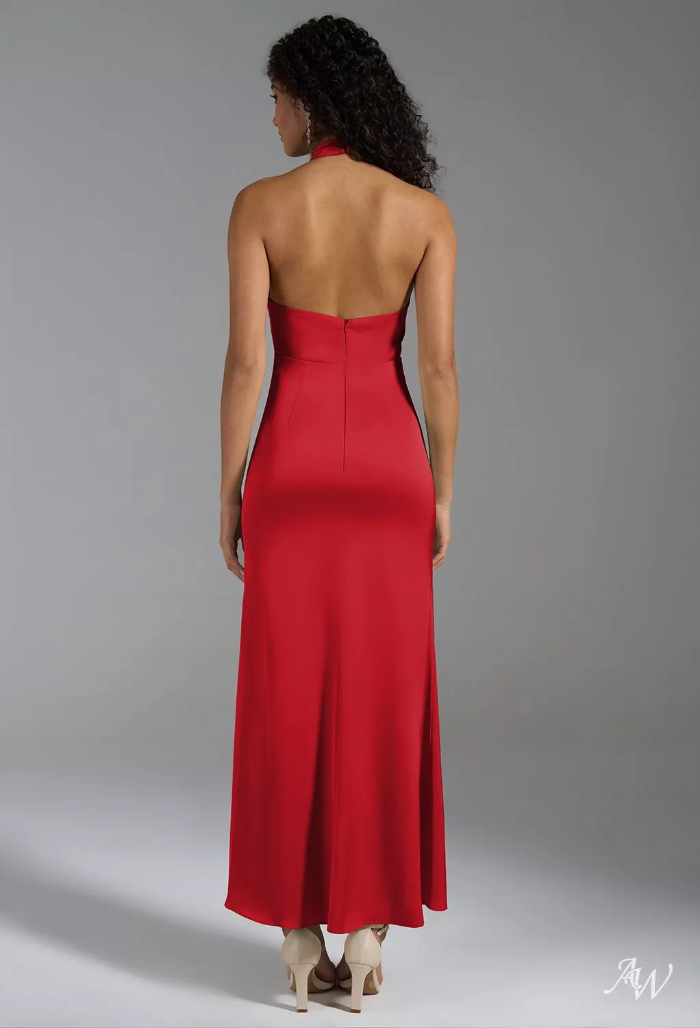huda red dress AW Huda Dress, Fennel Seed Crystal Satin Satin Charmeuse Ankle Length  Halter Neckline Bridesmaid Dresses