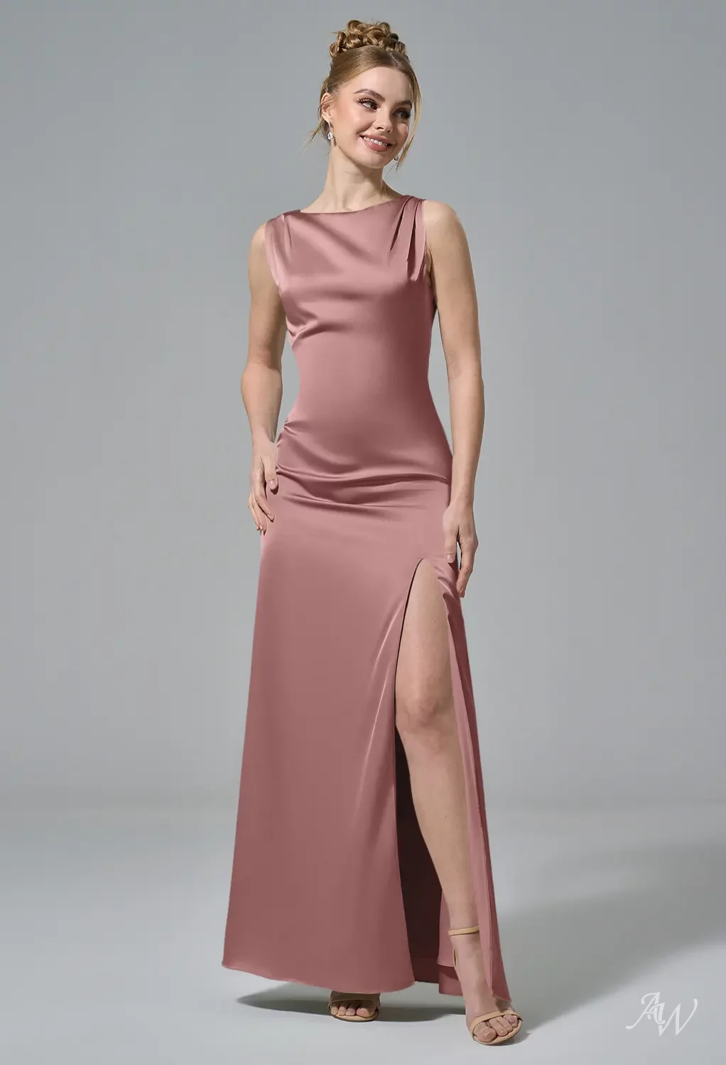 AW Ermengarde Dress, Green Olive Crystal Satin Satin Charmeuse Stretch  Satin Floor Length Bateau Neckline Bridesmaid Dresses | AW.Bridal Australia