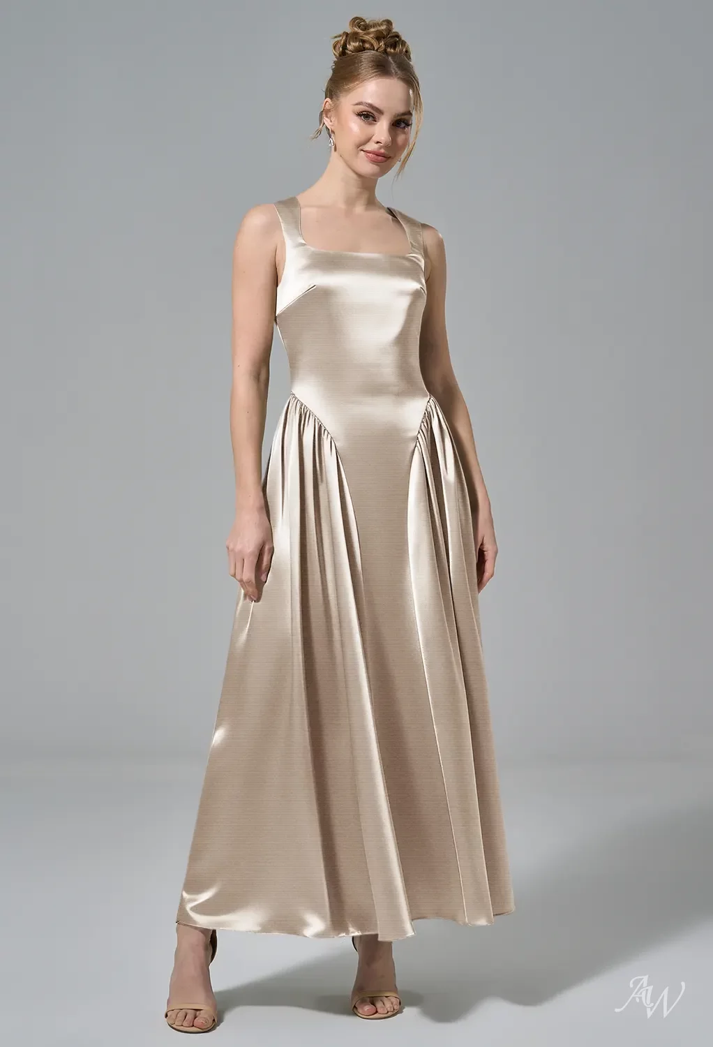 champagne stretch satin bridesmaid dresses AW Ruby shoulder Sleeves Black Satin A-line Cap Fall 2024 RTW Champagne color dress Shoe size:UK 3.5 - 5.5 / US 5 - 7