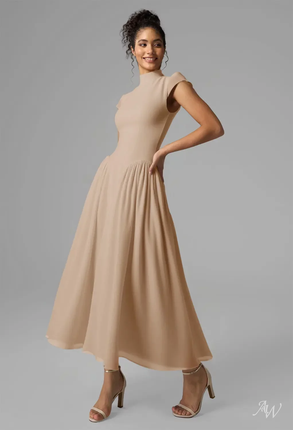 champagne tea length bridesmaid dress AW Aimee Champagne Bridesmaid Dresses