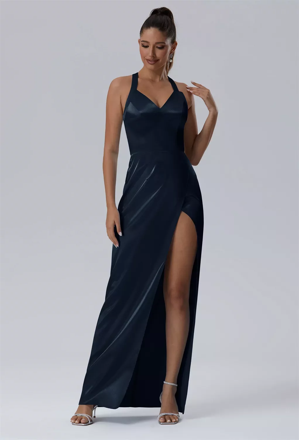 maribella halter maxi dress AW Maribella Dress, Baby Blue Crystal Satin Floor Length Halter Neckline Bridesmaid Dresses