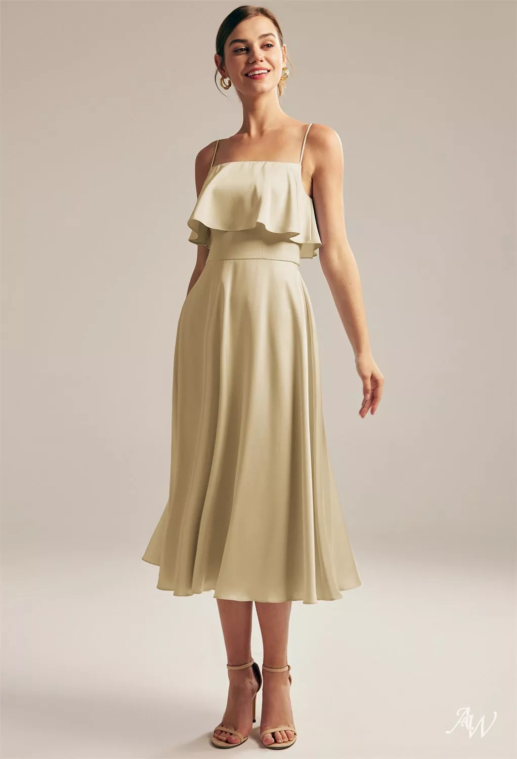 light brown satin bridesmaid dresses Lizza Brown Satin Maxi Dress with Slit main image 1