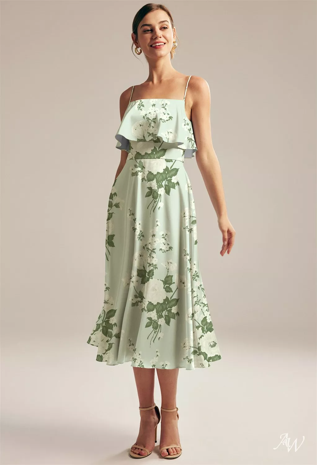 AW.Bridal A-line Square Neckline Tea Length Sleeveless Spaghetti Straps Satin Ruffles Floral Bridesmaid Dresses Mottled Moss Green Size 18