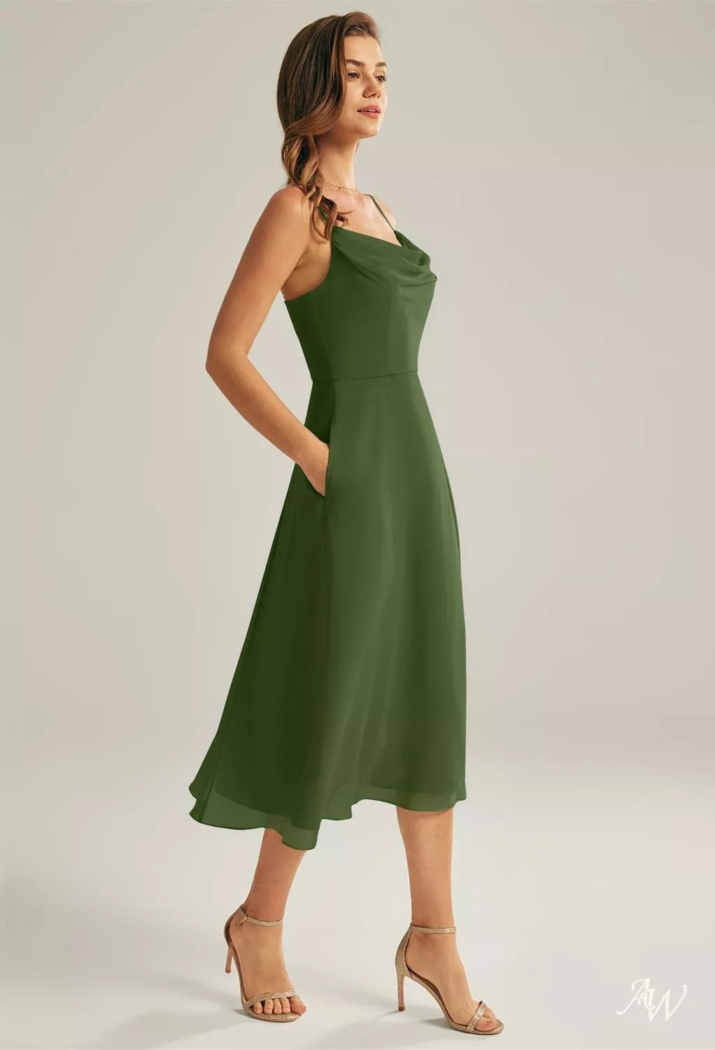 olive green midi bridesmaid dress Tea Length Off-the-shoulder Satin Dress – Lisposa