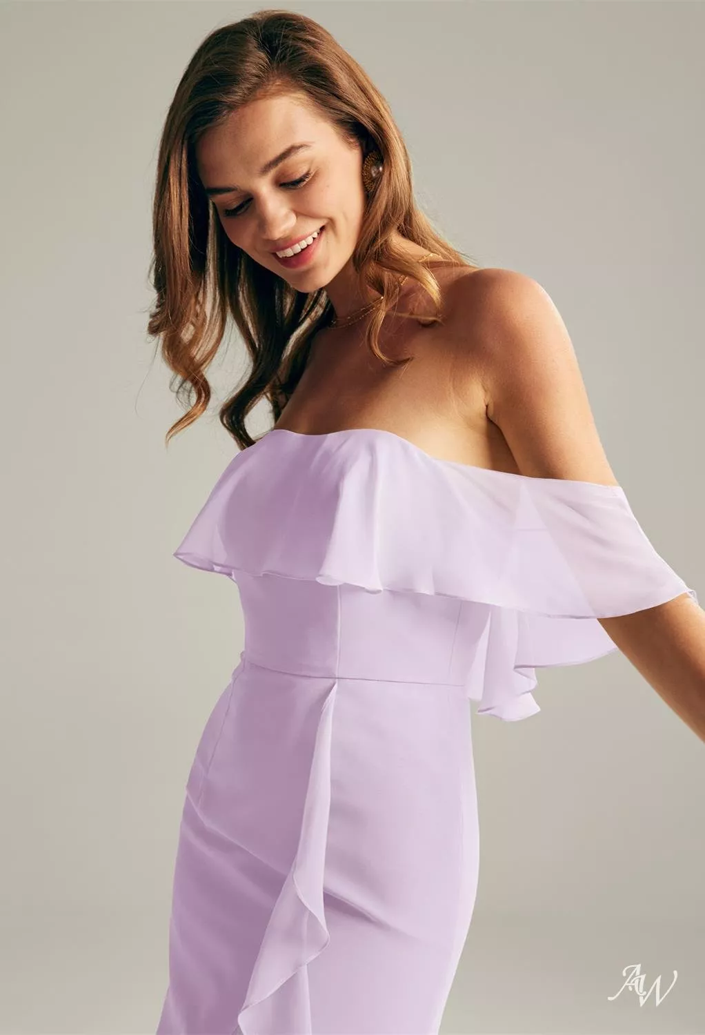 lilac off the shoulder bridesmaid dresses A&N Bridesmaids Cleo Off-Shoulder Ponti Gown With Slit main image 1