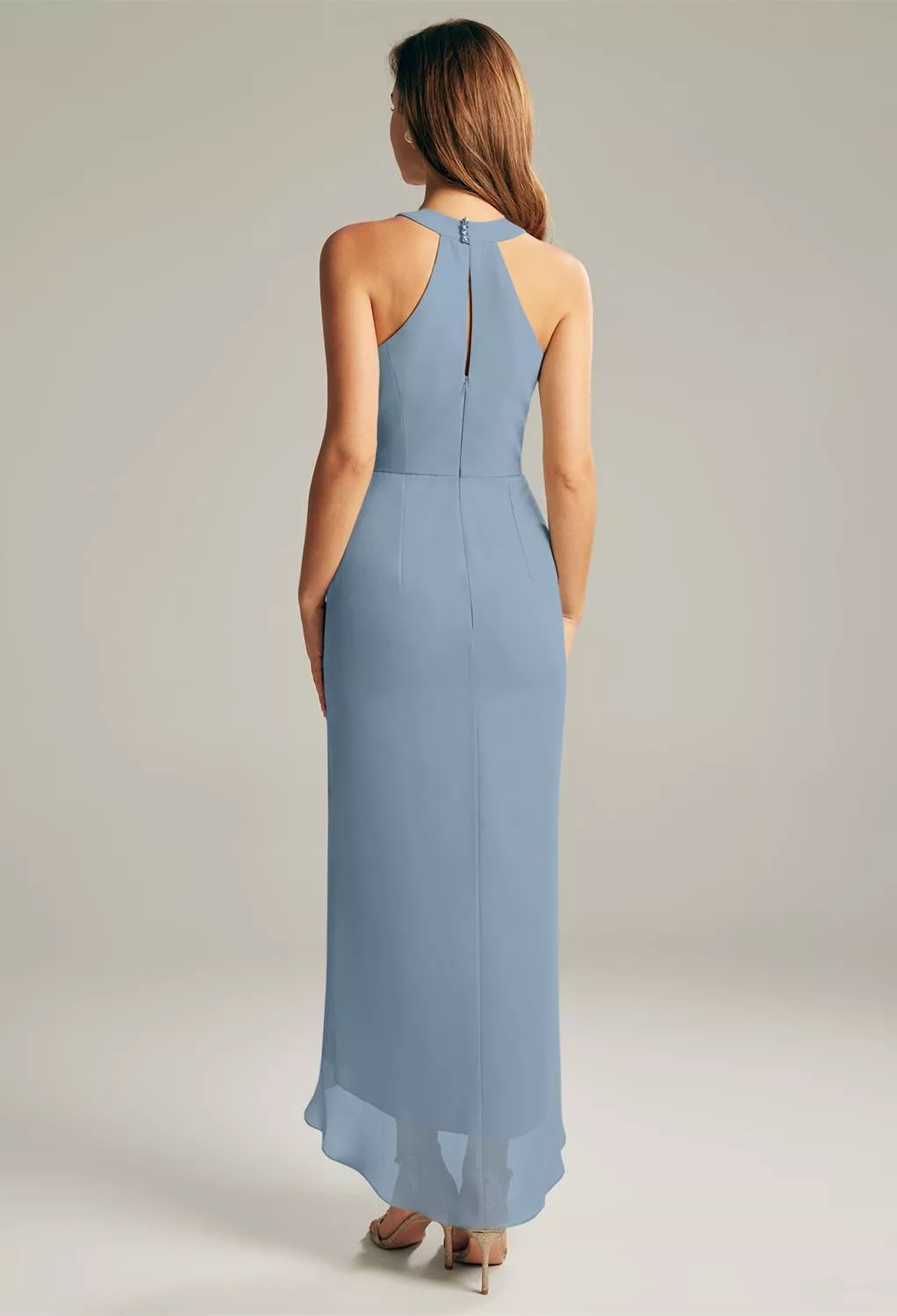 AW.Bridal Column Halter Neckline Hi Lo Sleeveless Chiffon Pleat Wedding Guest Dresses Light Dusty Blue Size 6