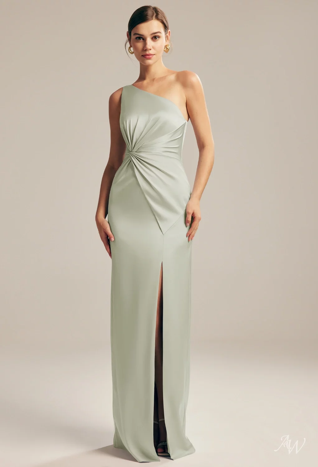 AW.Bridal Column One Shoulder Floor Length Sleeveless Satin Ruching Split Long Bridesmaid Dresses Dress Sage Green Plus Size 16
