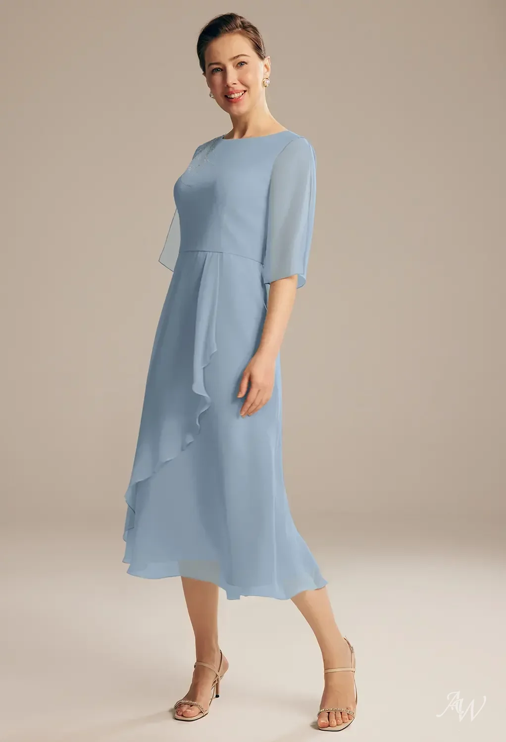 tea length dusty blue mother of the bride dresses Dusty Blue Mother Of Bride Dress A-Line Appliques 3/4 Sleeves V-Neck Tea-Length Chiffon Mother Of The Bride Dress