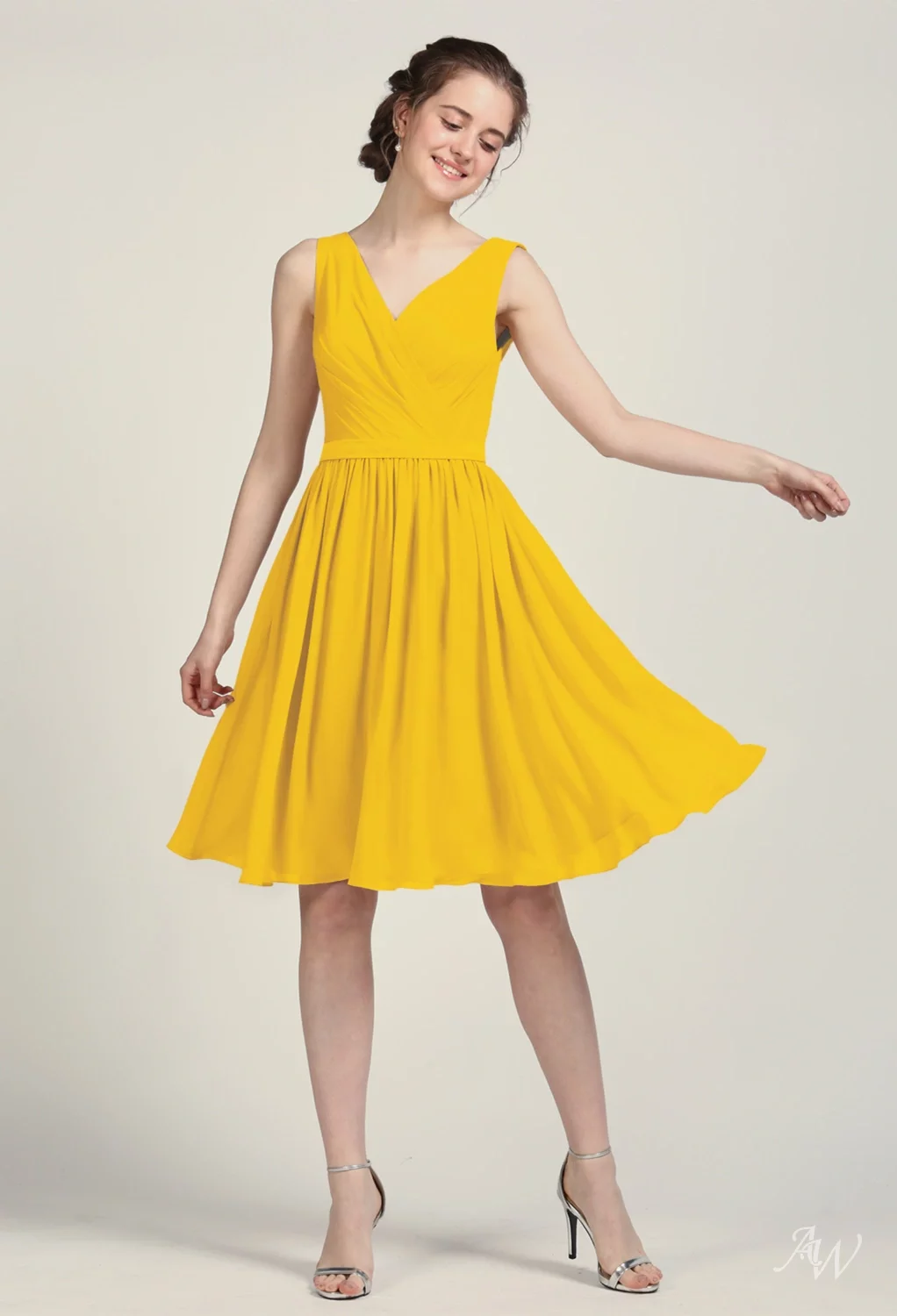 AW.Bridal A-line V-Neck Knee Length Sleeveless Pleat Plus Size Dresses Dress Mustard Yellow Size 18