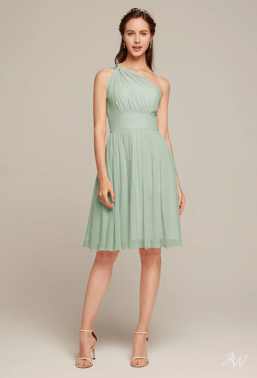AW.Bridal A-Line One Shoulder Knee Length Sleeveless Pleat Short Bridesmaid Dresses Dress Sage Green Size 8