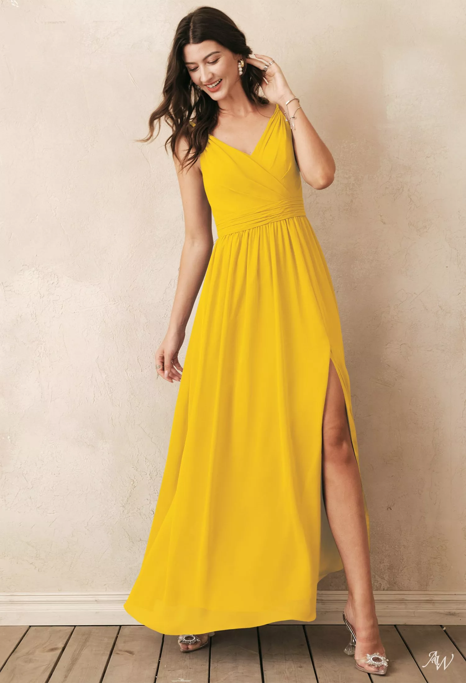 AW.Bridal A-line V-Neck Floor Length Sleeveless Spaghetti Straps Chiffon Ruching Split Long Bridesmaid Dresses Mustard Yellow Size 8