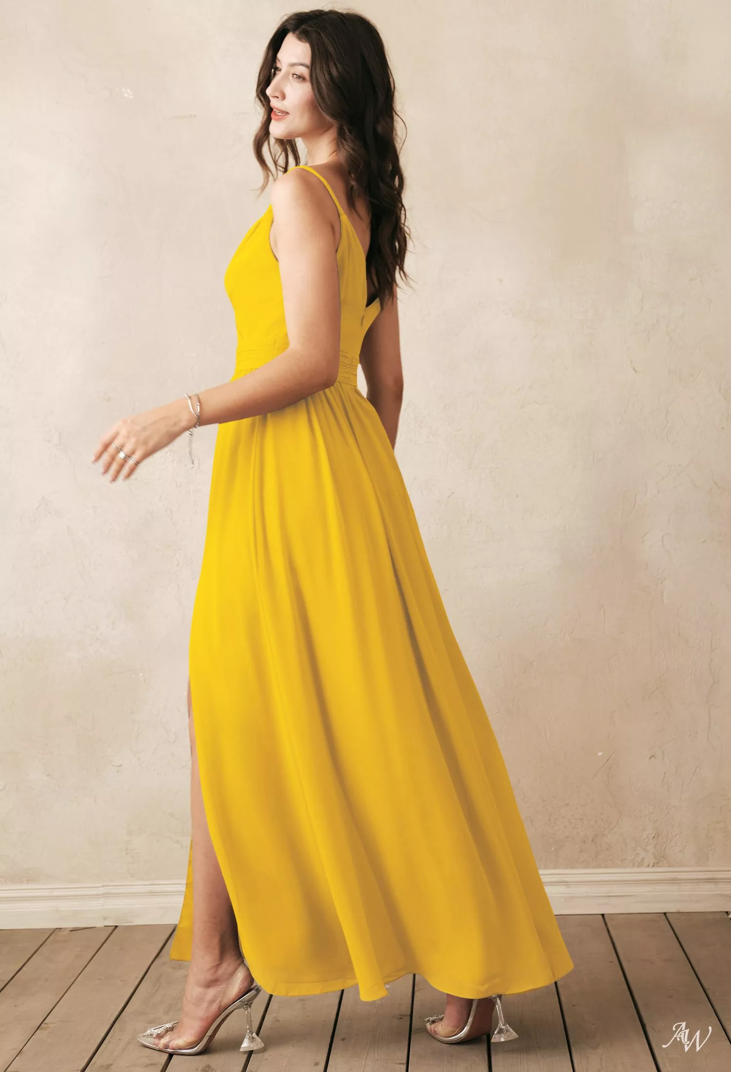 AW.Bridal A-line V-Neck Floor Length Sleeveless Spaghetti Straps Chiffon Ruching Split Long Bridesmaid Dresses Mustard Yellow Size 8