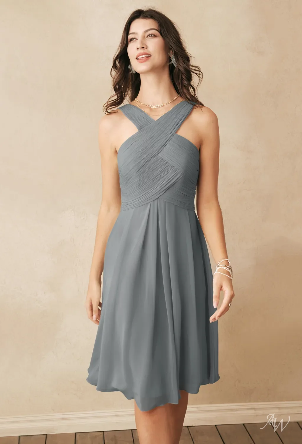 AW.Bridal A-line V-Neck Knee Length Sleeveless Chiffon Wedding Guest Dresses Steel Gray Size 18