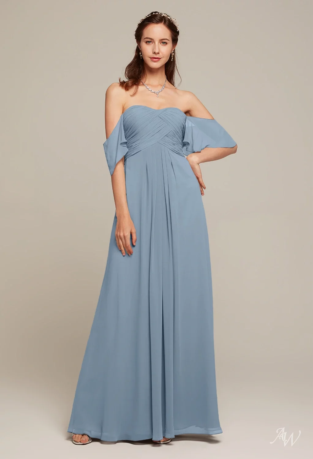 AW.Bridal A-line Straight Neckline Floor Length Off the Shoulder Long Bridesmaid Dresses Dress Light Dusty Blue Size 4