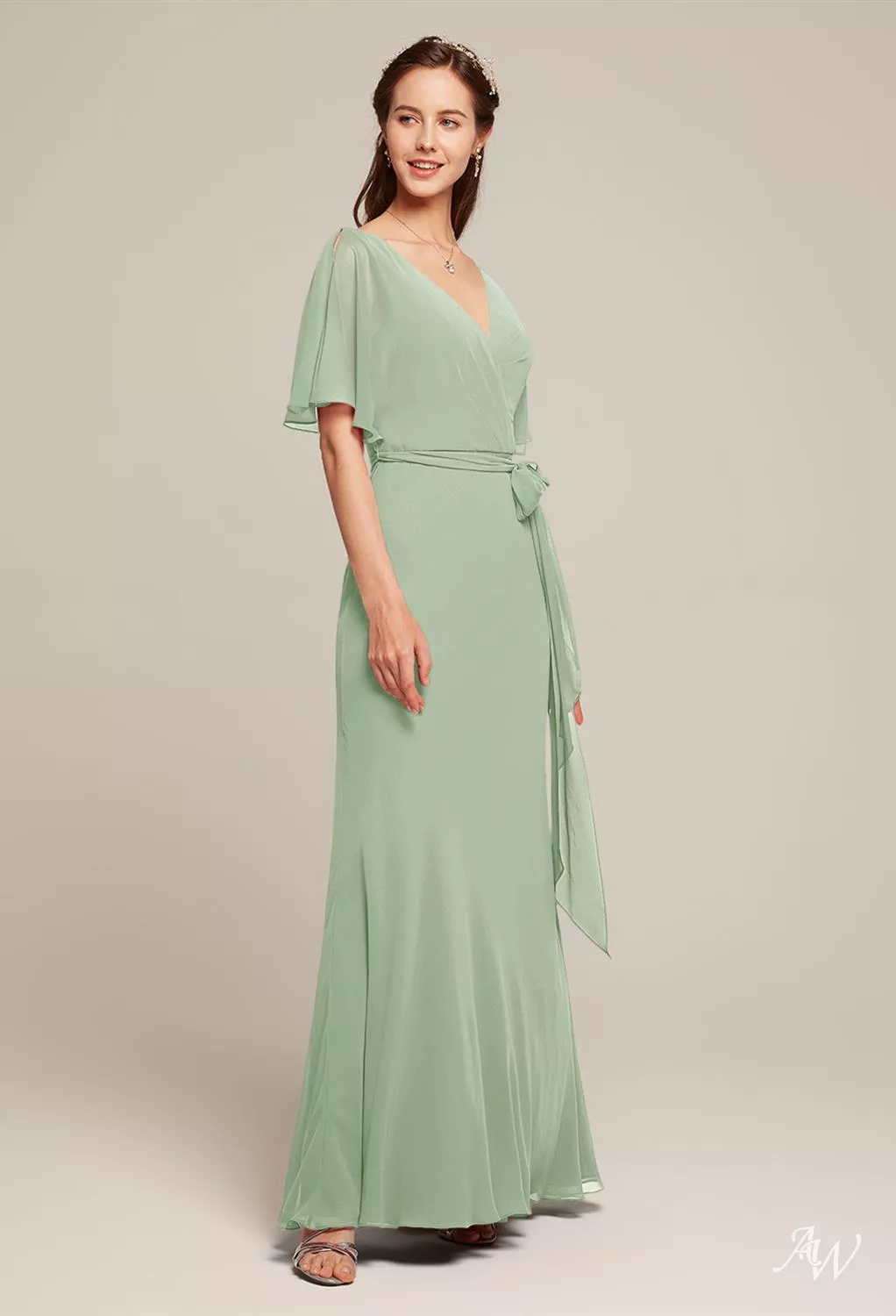 AW.Bridal A-line V-Neck Floor Length Short Sleeves Chiffon Long Bridesmaid Dresses Sage Green Size 16