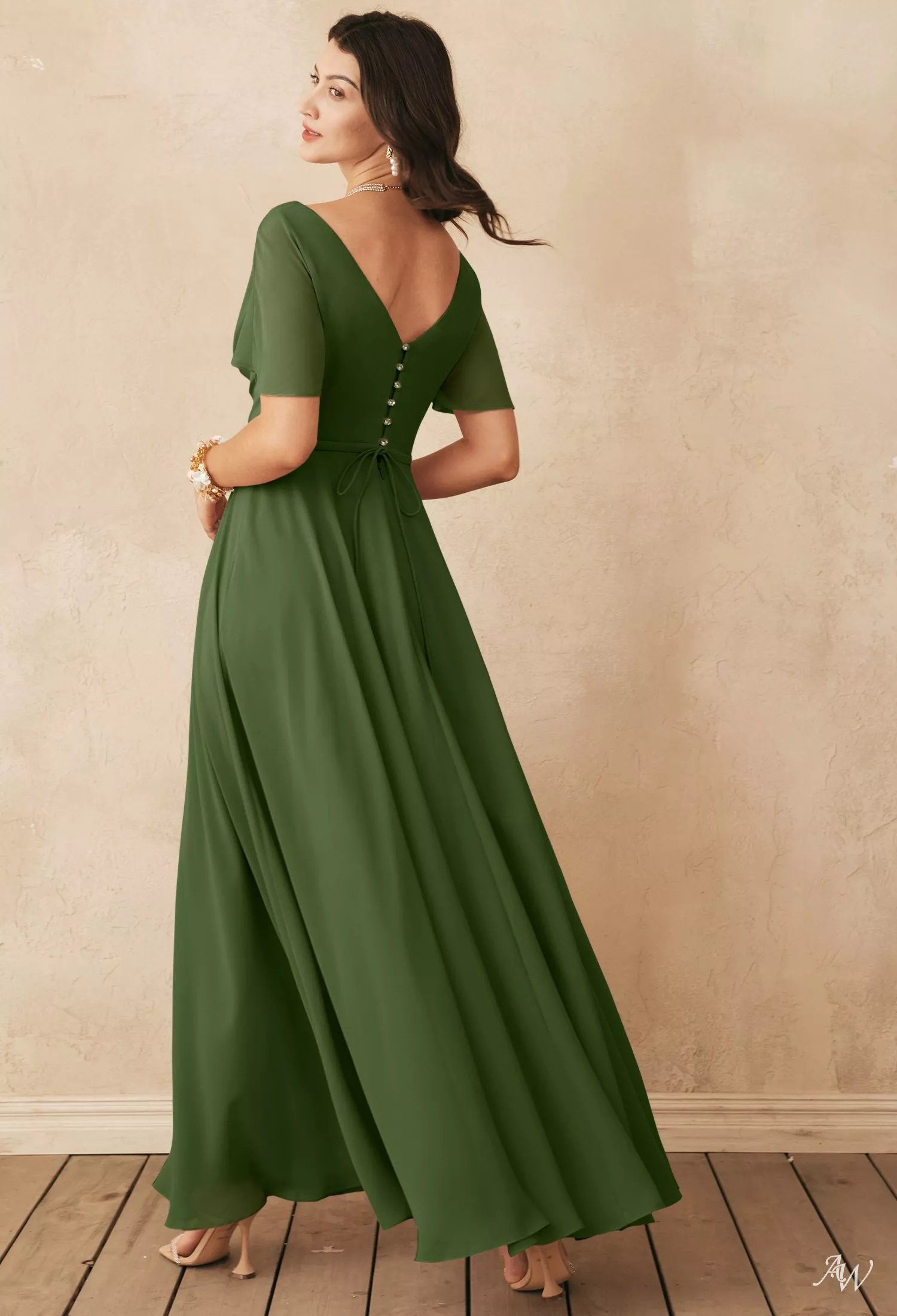 AW.Bridal A-Line V-Neck Floor Length Short Sleeves Plus Size Dresses Dress Green Olive Size 6