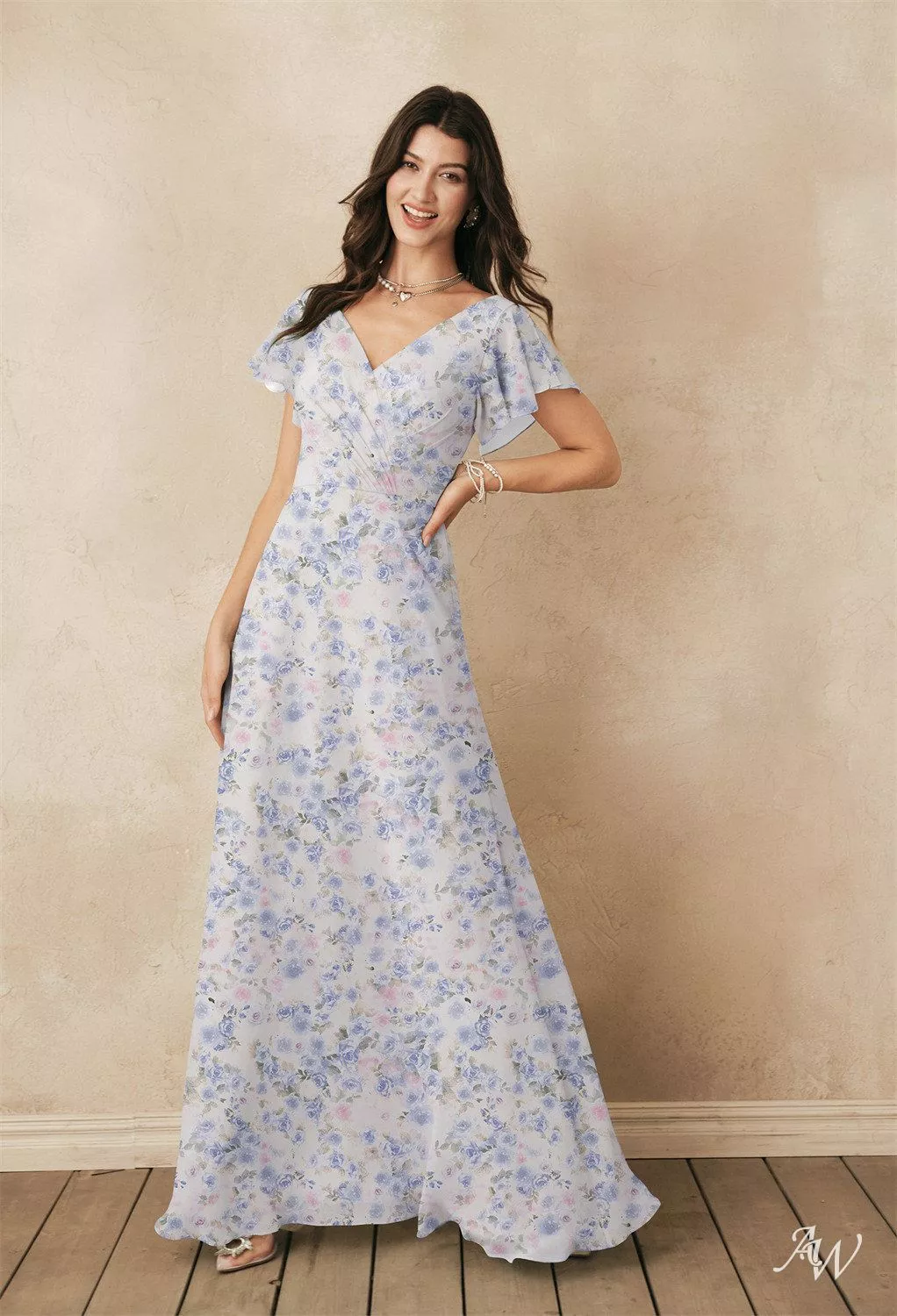 AW.Bridal A-line V-Neck Floor Length Short Sleeves Floral Bridesmaid Dresses Floral Dress Azure Purple Print Size 6