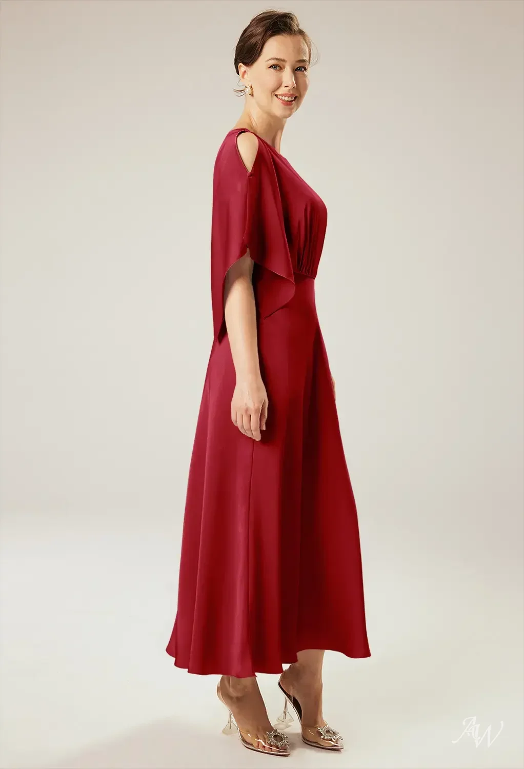 burgundy dresses for wedding guest Berylove Women Burgundy Mother of the Bride Dress A Line Appliqued Short Sleeve V-Neck Midi Party Dress, Burgundy / US16W main image 1