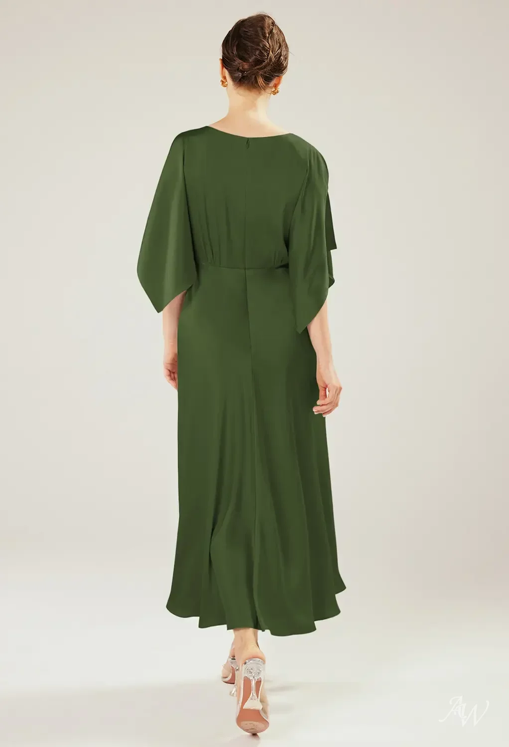 AW.Bridal A-line Bateau Neckline Ankle Length Short Sleeves Satin Mother of the Bride Dresses Dress Green Olive Size 8