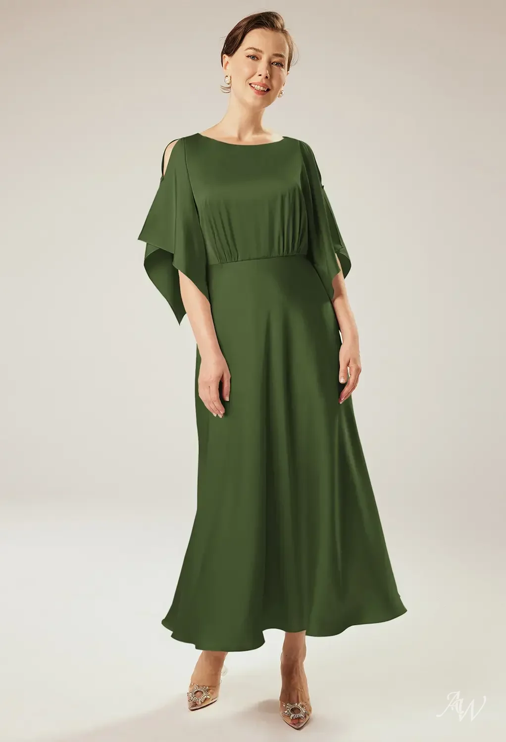 AW.Bridal A-Line Bateau Neckline Ankle Length Short Sleeves Satin Mother of The Bride Dresses Dress Green Olive Size 8