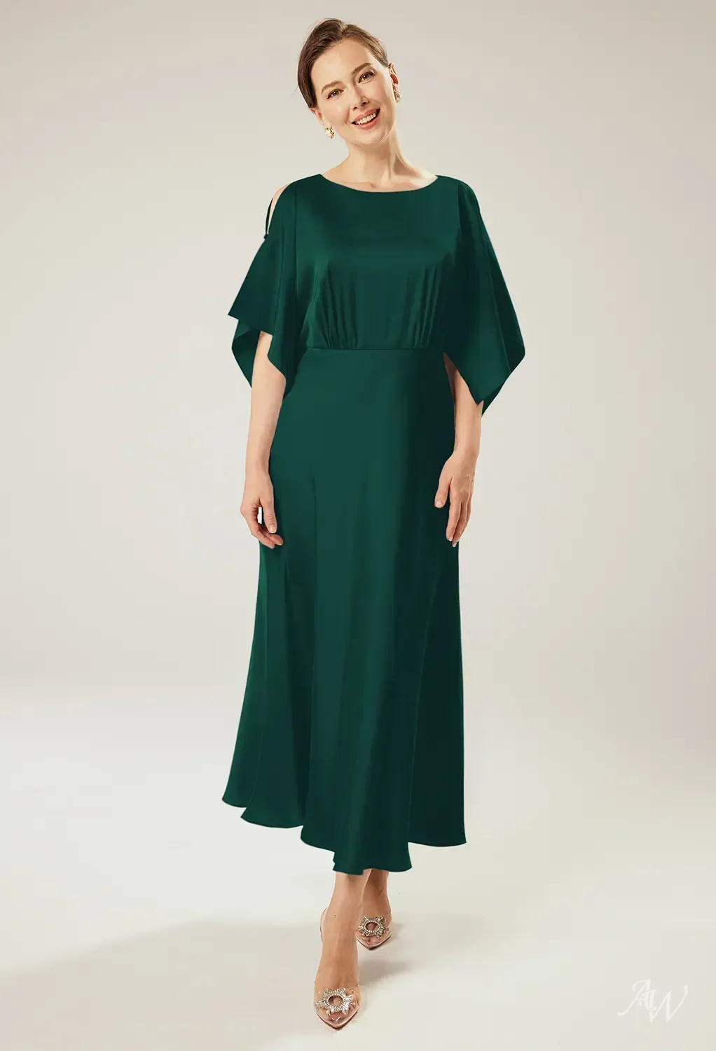 AW.Bridal A-line Bateau Neckline Ankle Length Short Sleeves Satin Mother of the Bride Dresses Dress Hunter Green Size 8