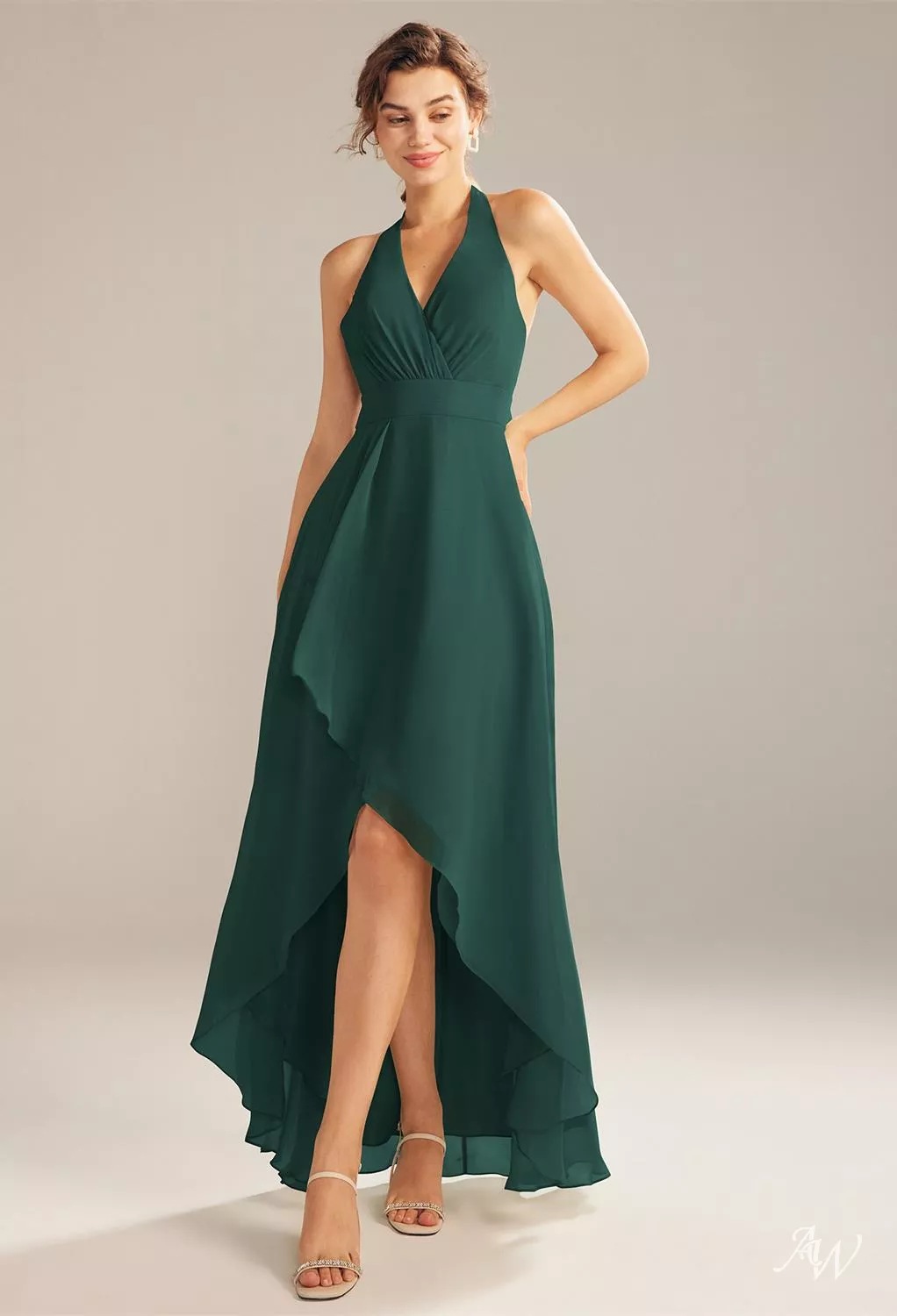 AW.Bridal A-line Halter Neckline Hi Lo Sleeveless Backless Wedding Guest Dresses Dress Dark Emerald Size 8
