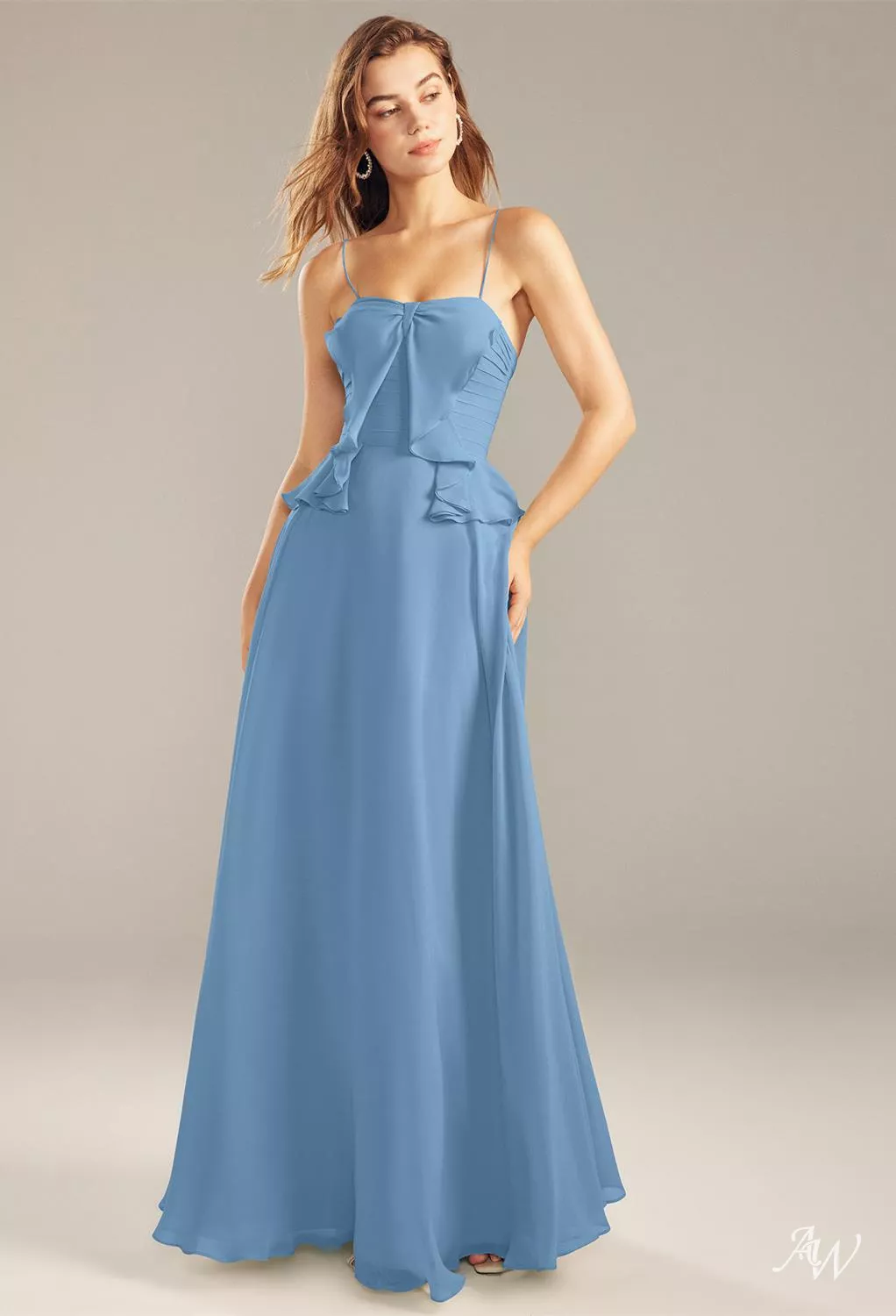 AW.Bridal A-line Square Neckline Floor Length Sleeveless Spaghetti Straps Chiffon Wedding Guest Dresses Dusty Blue Size 6