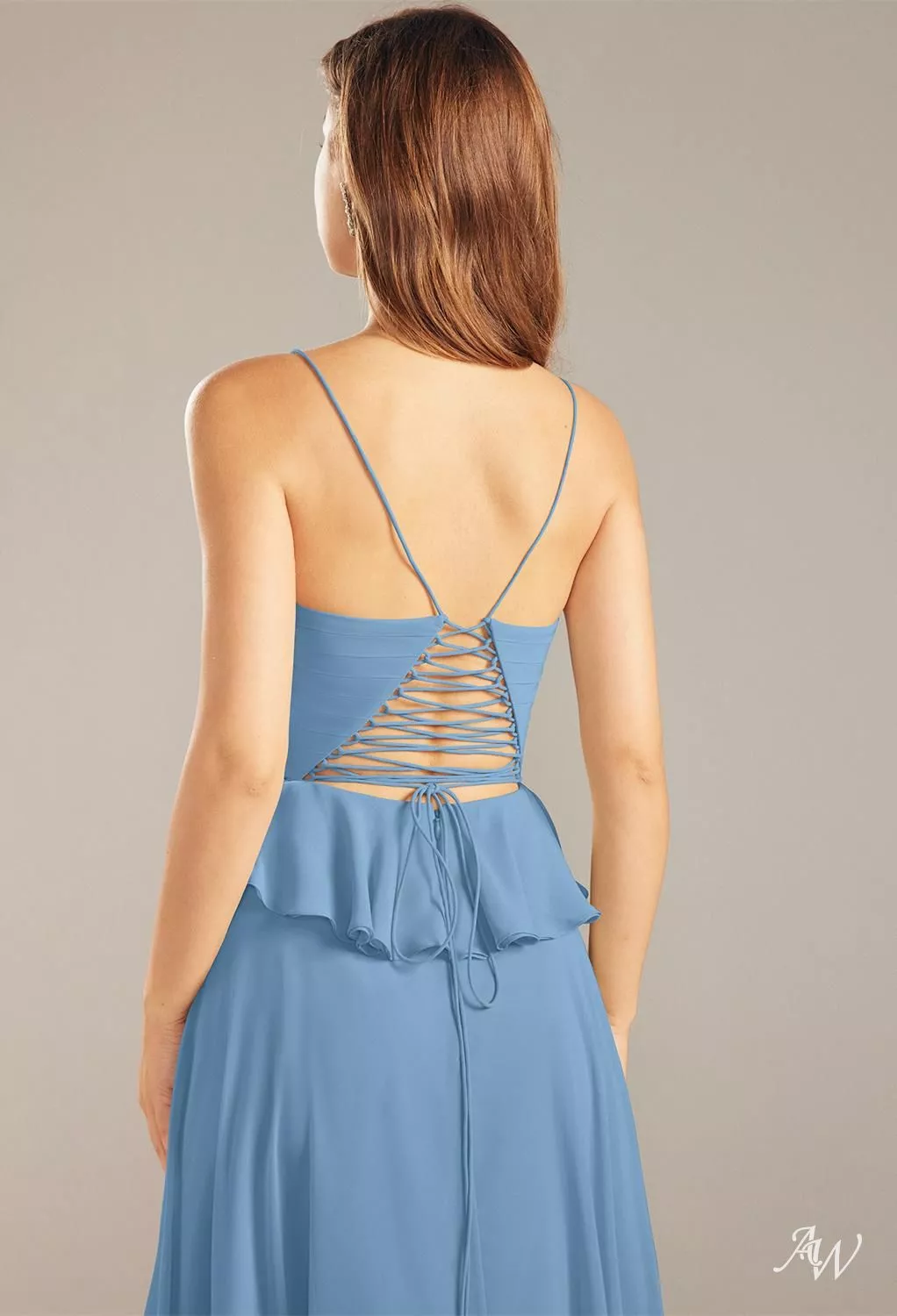 AW.Bridal A-line Square Neckline Floor Length Sleeveless Spaghetti Straps Chiffon Wedding Guest Dresses Dusty Blue Size 6